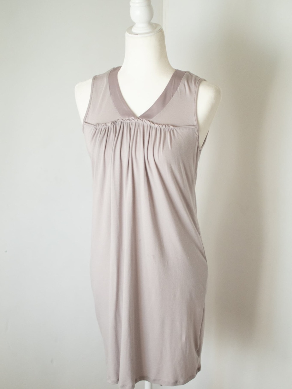 Sleeveless V-Neck Shift Dress in Light Taupe